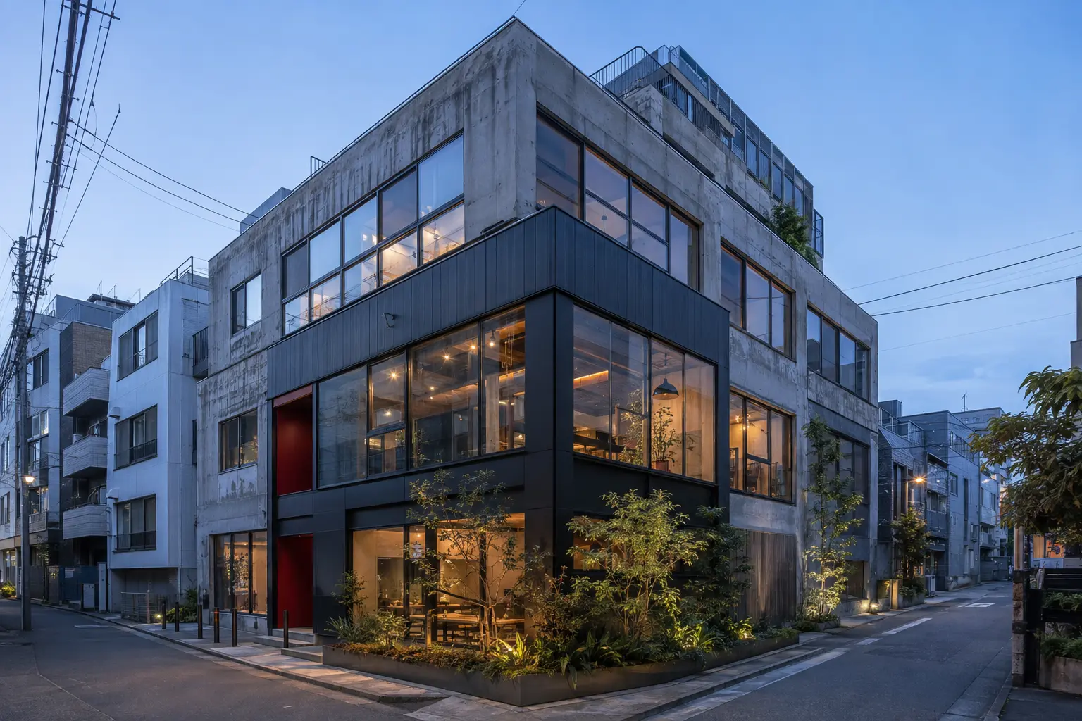 既存のコンクリート建築を活用した複合施設の外観